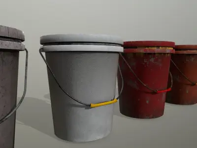 Bucket different colored buckets in row Low-poly 3D model