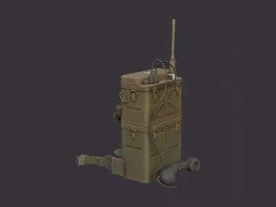 Old Military Radio with Antenna on Wheeled Cart Low-poly 3D model