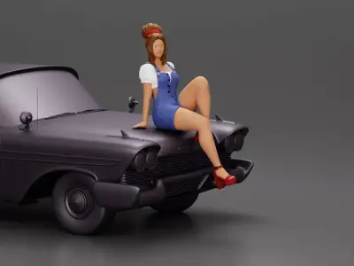 sexy girl in short denim overalls heels is sitting on the car 3D print model