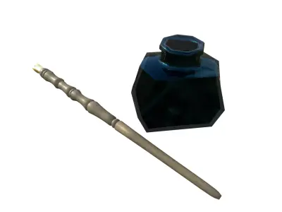 wooden dip pen and ink vial Low-poly 3D model