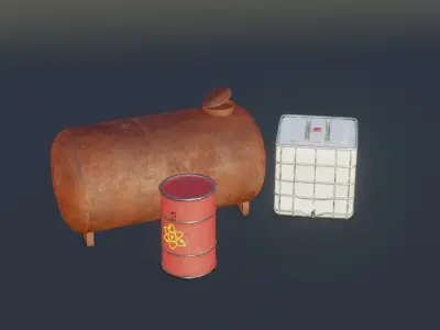 Low poly containers collection three rusty barrels and can Low-poly 3D model