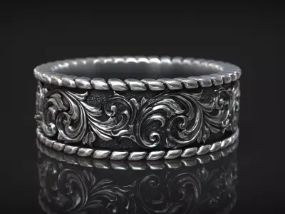 Ornamental Floral Relief Band Vintage Baroque Scroll Ring 3D print model