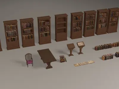 Bookcases library with bookshelves and chairs Low-poly 3D model