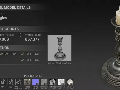 Gothic Ornamental Silver Candlestick Game Ready PBR 3D model
