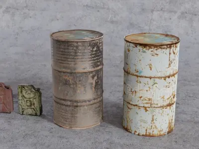 Jerrycans and barrels old and rusty Free low-poly 3D model