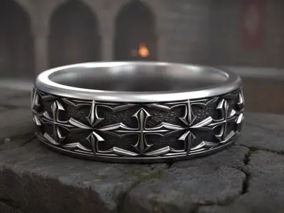Medieval Gothic Cross Pattern Band Vintage Biker Ring 3D print model