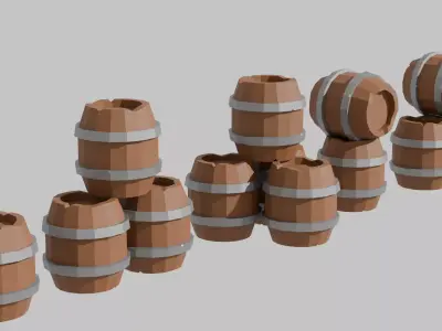 Low Poly Wooden Barrels Set Low-poly 3D model