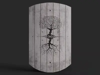Slavic square wooden shield-painted white with trees symbol Low-poly 3D model