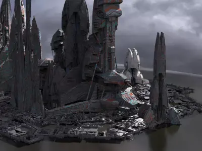 Alien Moon base Tower Ship designs 3D model