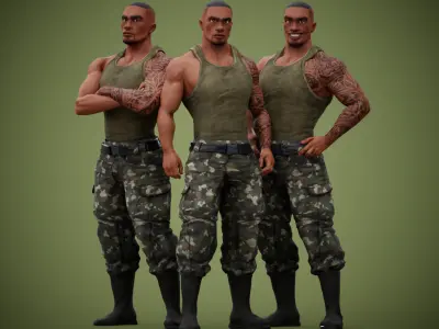 Muscular Soldier Man Cartoon Game Character Rigged Low-poly 3D model
