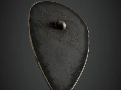 Slavic kite leather shield-painted black with radial symbol Low-poly 3D model