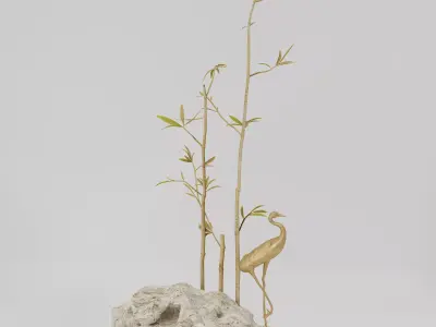 Decorative Set bronze sculpture of heron and bamboo on rock 3D model