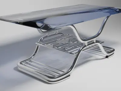 Futuristic Curved Chrome Table with Glass Top  3D Model 3D model