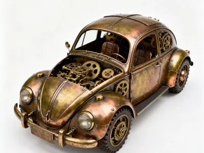 Mechanical car made of brass 3D Model  Low-poly 3D model