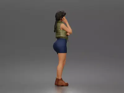 Thoughtful woman stands hand on cheek wearing vest shorts boots 3D print model
