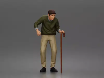 Elderly man walks using cane wearing sweater collared shirt 3D print model