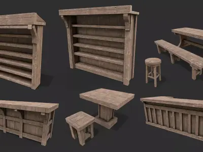 Medieval Environment Props 14 Tavern Furniture Pack Low-poly 3D model
