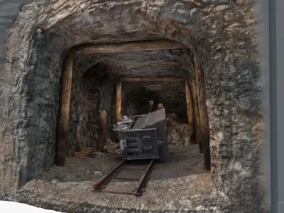 Collapsed Mine Tunnel with Tipped Ore Cart 3D model