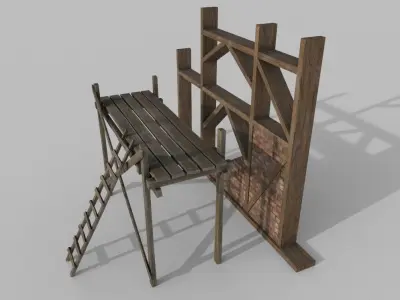 Construction wall and wooden scaffolding Low-poly 3D model