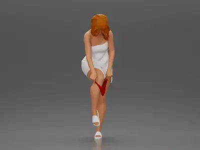 Woman in white towel lifting leg while putting on red underwear 3D print model