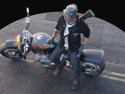 Biker on motorcycle with shotgun 3D model