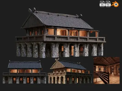 4 Old Medieval Building House Pack 4K Tex GameReady 41 to 44 Low-poly 3D model