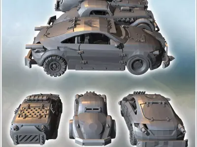 Set of three post-apocalyptic cars with bumper and improvised ar 3D print model