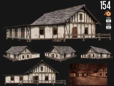 4 Old Medieval House Pack 4K Textures GameReady 153 to 156 Low-poly 3D model