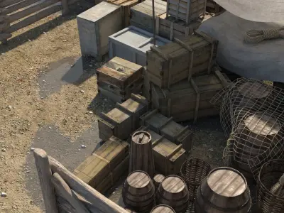 Realistic Wooden Box and Barrels 3D model