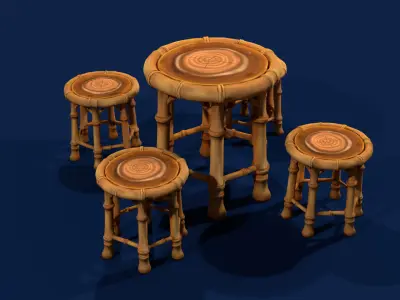 Stylized Bamboo Table and Stools Set Low-poly 3D model