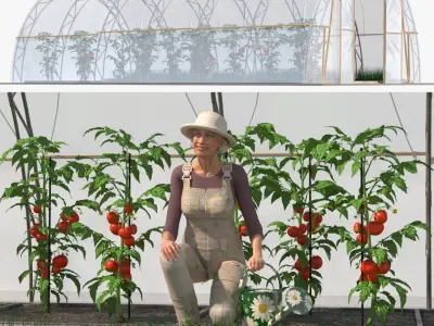 Vegetables Greenhouse Tent with Gardener 3D model