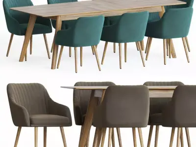 Dining Set two upholstered chairs with wooden legs 3D model