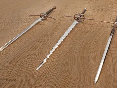 Zweihander set sword on wooden table 3D model