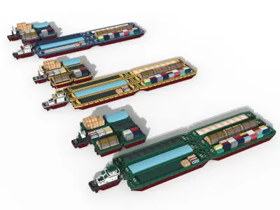 Barge and Push Boats lowpoly Low-poly 3D model