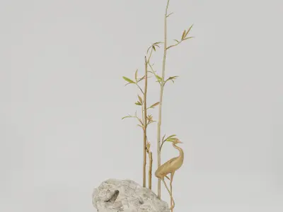 Decorative Set bronze sculpture of heron and bamboo on rock 3D model
