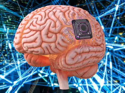 Human Brain with Microchip Implant with Light 3D model