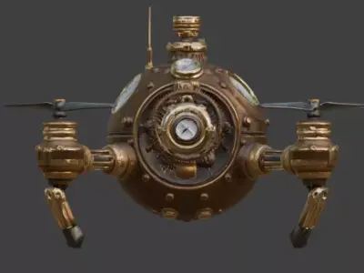 Stylized 3D Steampunk Maintenance Drone Low-poly 3D model