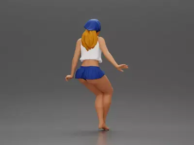 Stylish woman sitting casually in a white top and blue skirt 3D print model