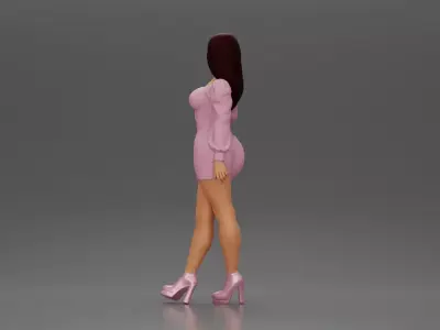 Elegant fashion model in pink mini dress and heels posing 3D print model