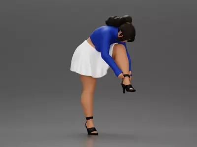 Young woman in skirt adjusts her elegant black high heeled shoes 3D print model