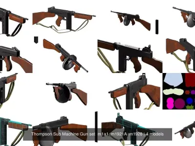 Thompson Sub Machine Gun set  m1a1  m1921A  m1928 3D Model Pack