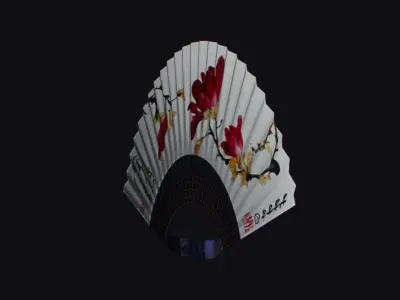 Paper Hand Fan White with Red Flower Asian War Plumage Plume Low-poly 3D model