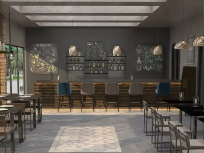Industrial coffee bar restaurant interior design 3D model purchase