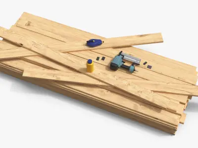 Pinewood Planks with Air Nail Gun and Chalk Reel 3D model