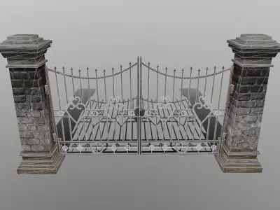 wall set stone with iron railings Low-poly 3D model