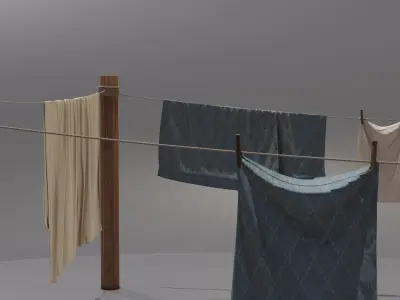 Clothes Line with Laundry Basket and Hanging Linens 3D model