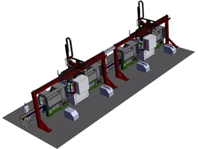 Automated loading and unloading CNC workshop using gantry robots 3D model