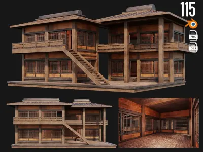 4 Old Japanese  Building Pack 4K Textures GameReady 113 to 116 Low-poly 3D model