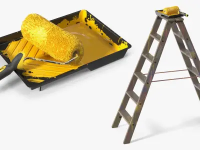 Wooden Painting Ladder Tool with Paint Roller 3D model
