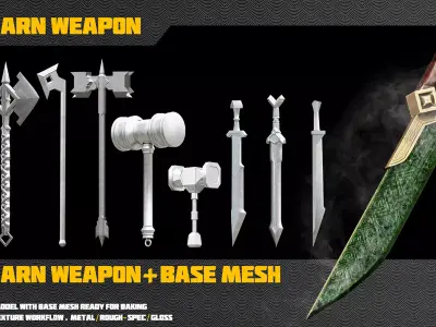 14 Dwarn weapon with Base mesh Low-poly 3D model